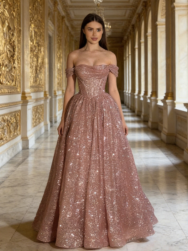 Gorgeous Off Shoulder Rose Gold Sparkle Long Prom Dresses, DB105