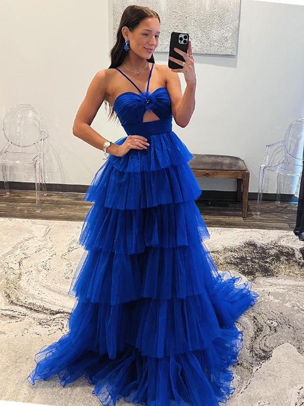 Royal Blue Sweetheart A-line Backless Tulle Long Dresses, FC7045