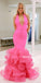 Halter Mermaid Soft Satin Pink Long Organza Dresses, FC7048