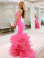 Halter Mermaid Soft Satin Pink Long Organza Dresses, FC7048