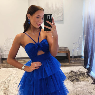 Royal Blue Sweetheart A-line Backless Tulle Long Dresses, FC7045