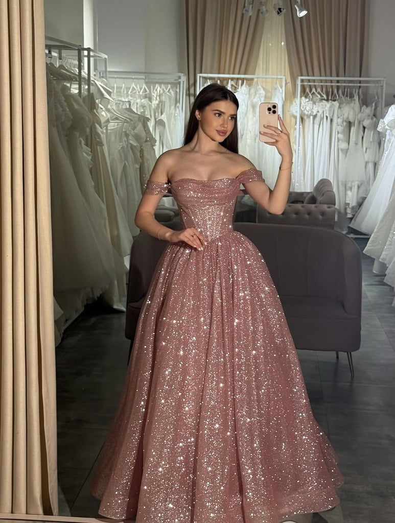 Gorgeous Off Shoulder Rose Gold Sparkle Long Prom Dresses, DB105