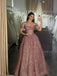 Gorgeous Off Shoulder Rose Gold Sparkle Long Prom Dresses, DB105