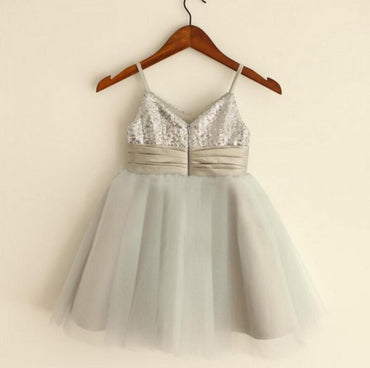 Sparkly Spaghetti Strap V- Neck Light Gray Tulle Flower Girl Dresses With Handmade Flower Sash, FGS027