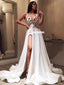 Newest A-line Satin Sweetheart Sexy Slit Appliques Prom Dresses, FC4154