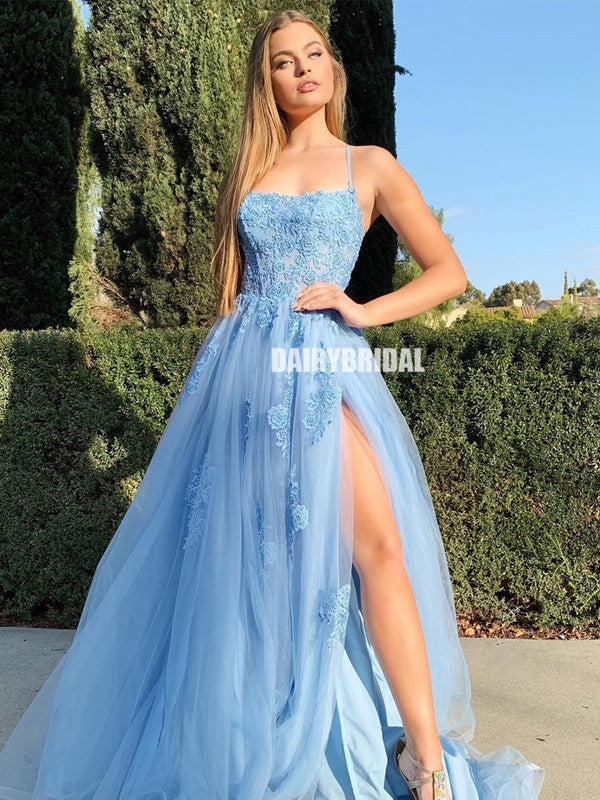 Spaghetti Straps A-line Tulle Slit Cross Back Prom Dress, FC4610