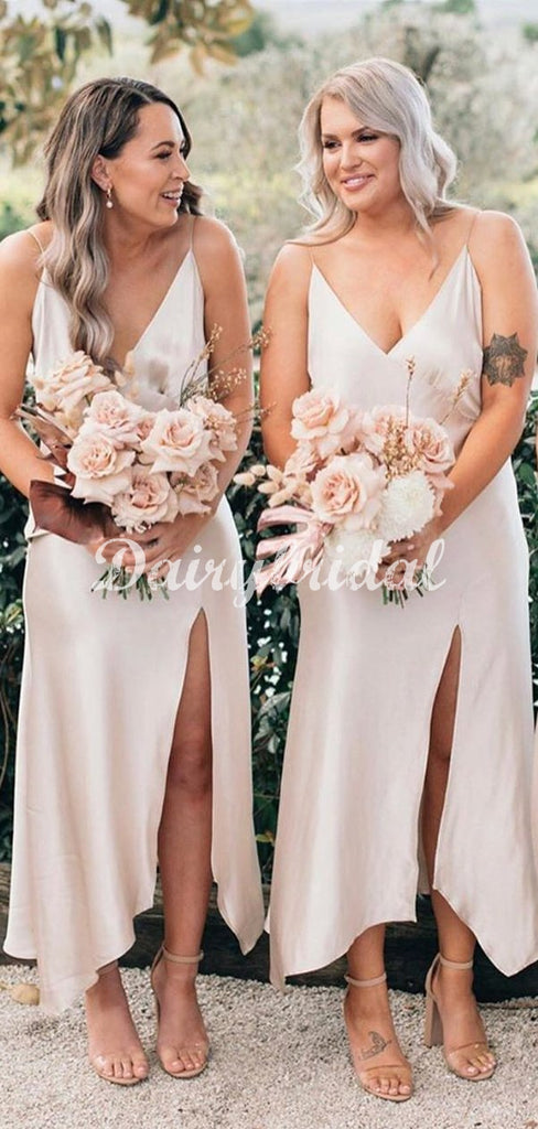 Gorgeous Spaghetti Straps Sexy Slit Deep V-Neck Bridesmaid Dress, FC5037