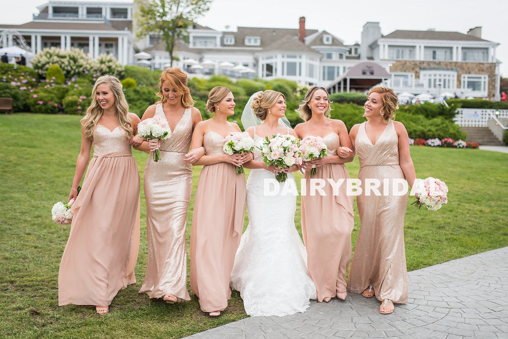 Mismatched Sequin A-Line Bridesmaid Dress, Sparkle Backless Cheap Long Bridesmaid Dress, D1037