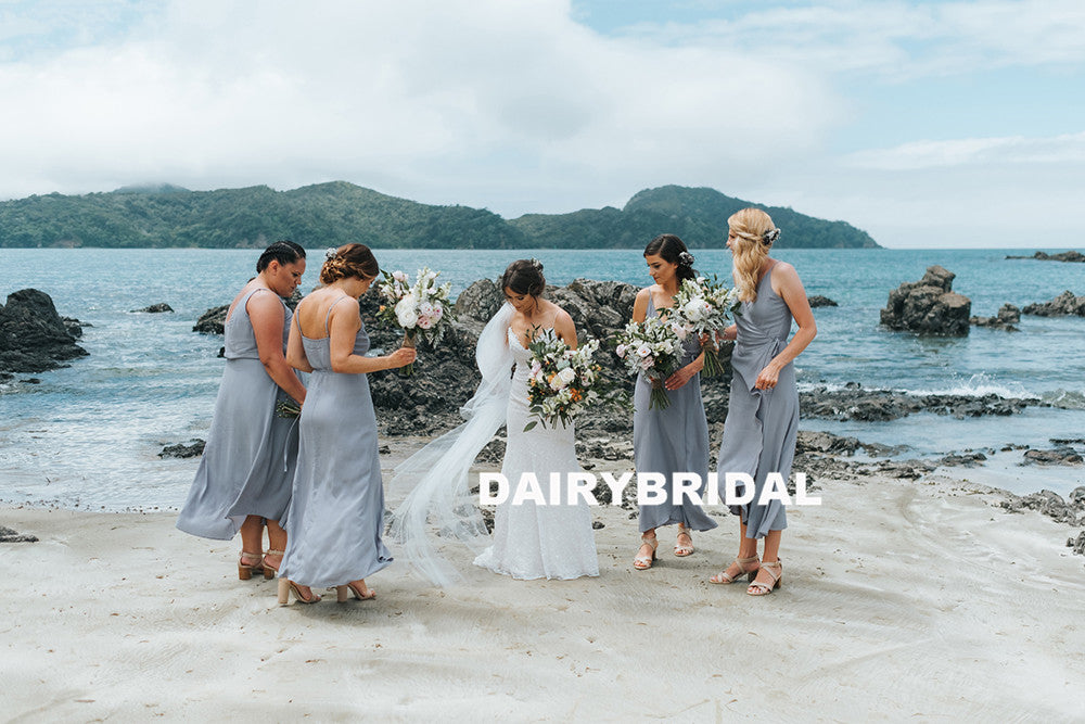 Cheap Backless Chiffon Bridesmaid Dress, Slit Spaghetti Straps Bridesmaid Dress, D1110