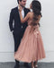 V-Neck Tulle A-Line Backless Simple Tea-Length Prom Dresses, FC1711