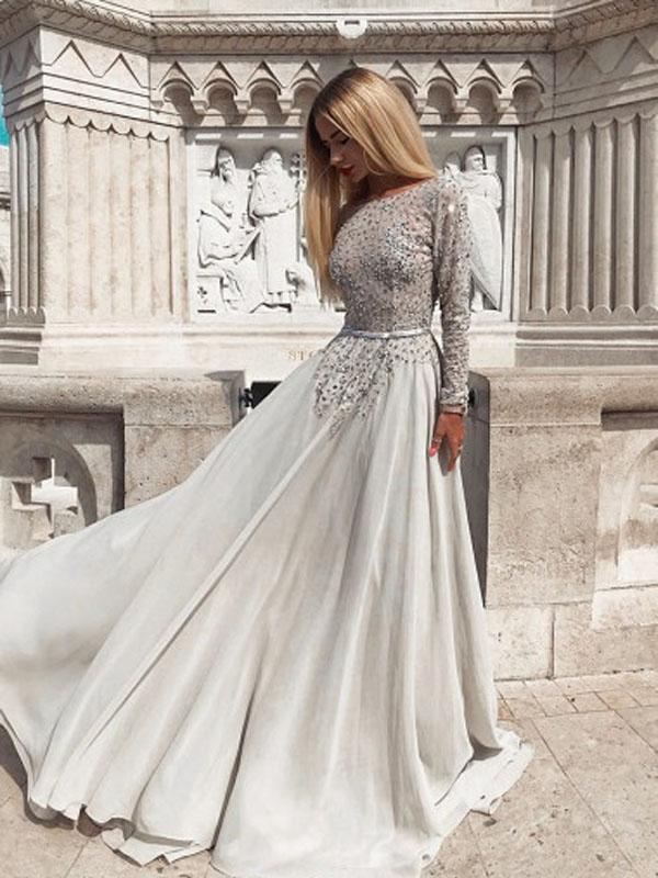 Long Sleeve Chiffon Backless A-Line Beaded Prom Dresses, FC1931