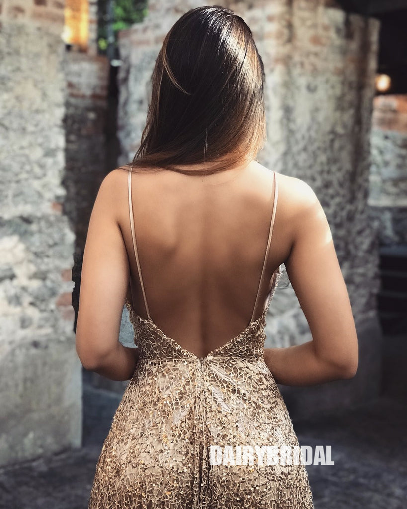 Spaghetti Straps Gold Lace A-line Backless Tulle Prom Dresses, FC2339